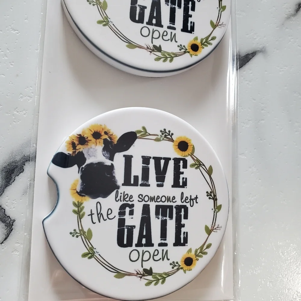Live like someone left the gate open Set Of 2 Ceramic Car Coasters  Cow